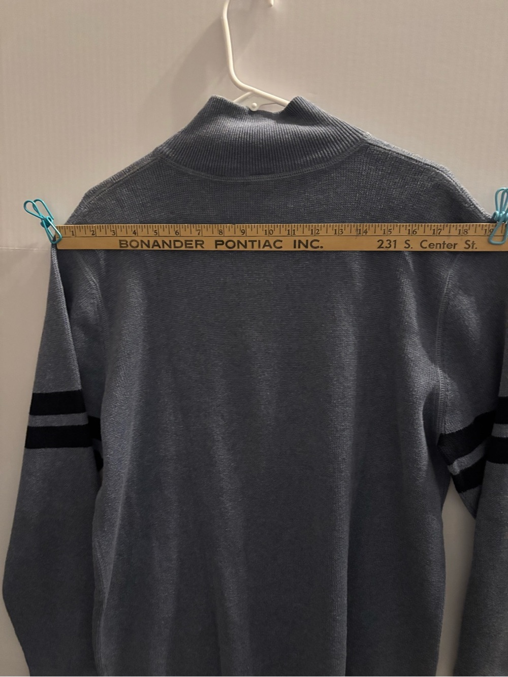 GAP Men's Slate Gray Half-Zip Sweater with Navy blue Sleeve Stripes - Picture 8 of 8